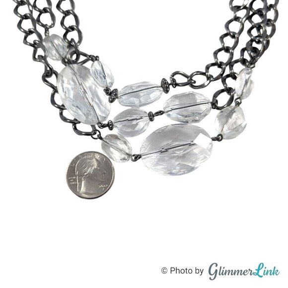 Triple Strand Chunky Acrylic Faceted Beads Black Tone Curb Chain Toggle Necklace - Picture 6 of 10
